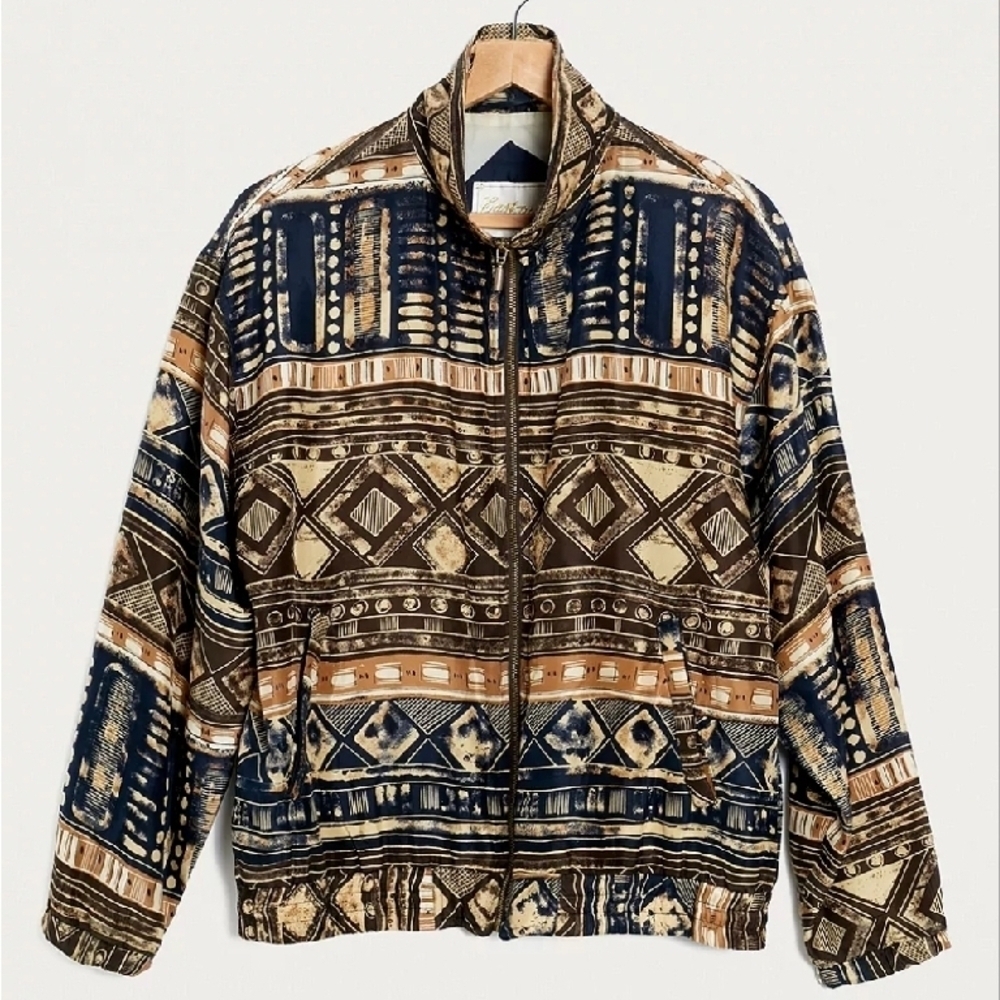 Vintage Silk Urban One-of-a-Kind Brown Boho Bomber Jacket Geometric L